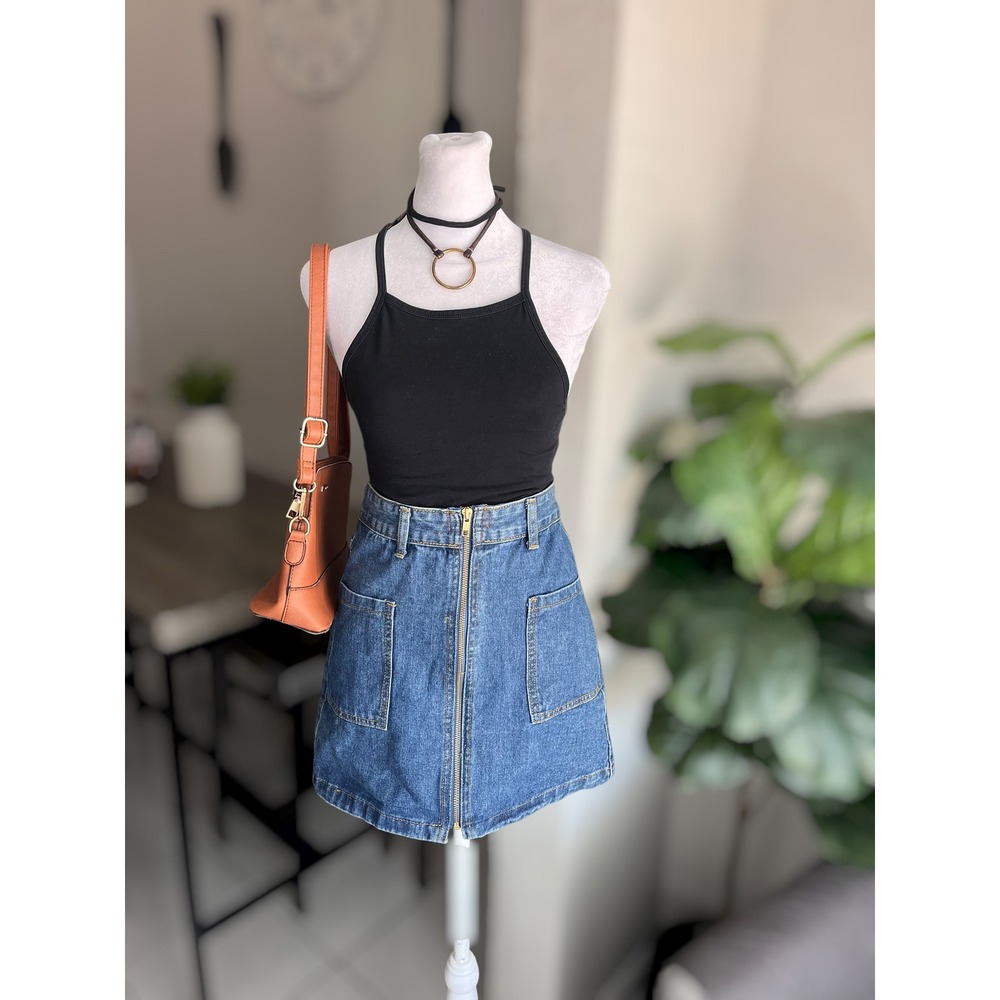 Blue Blush Exposed Full Zip Front Pocket Denim Mini Skirt Size S
